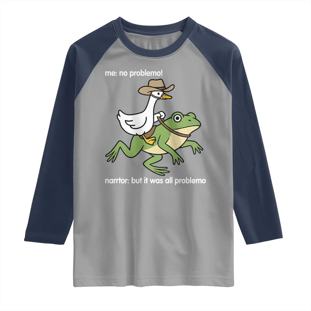Cowboy Goose Meme Raglan Shirt Funny Frog Me No Problemo Narrator - Wonder Print Shop
