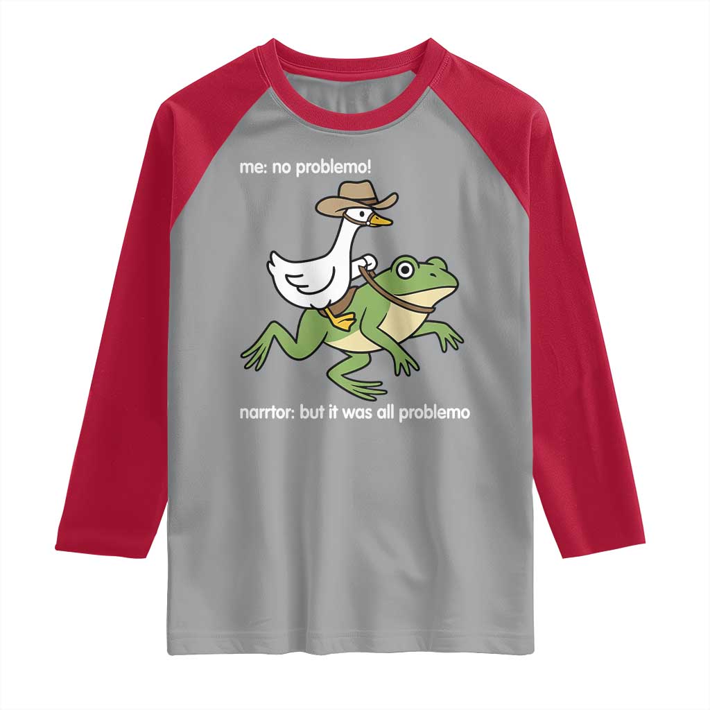 Cowboy Goose Meme Raglan Shirt Funny Frog Me No Problemo Narrator - Wonder Print Shop
