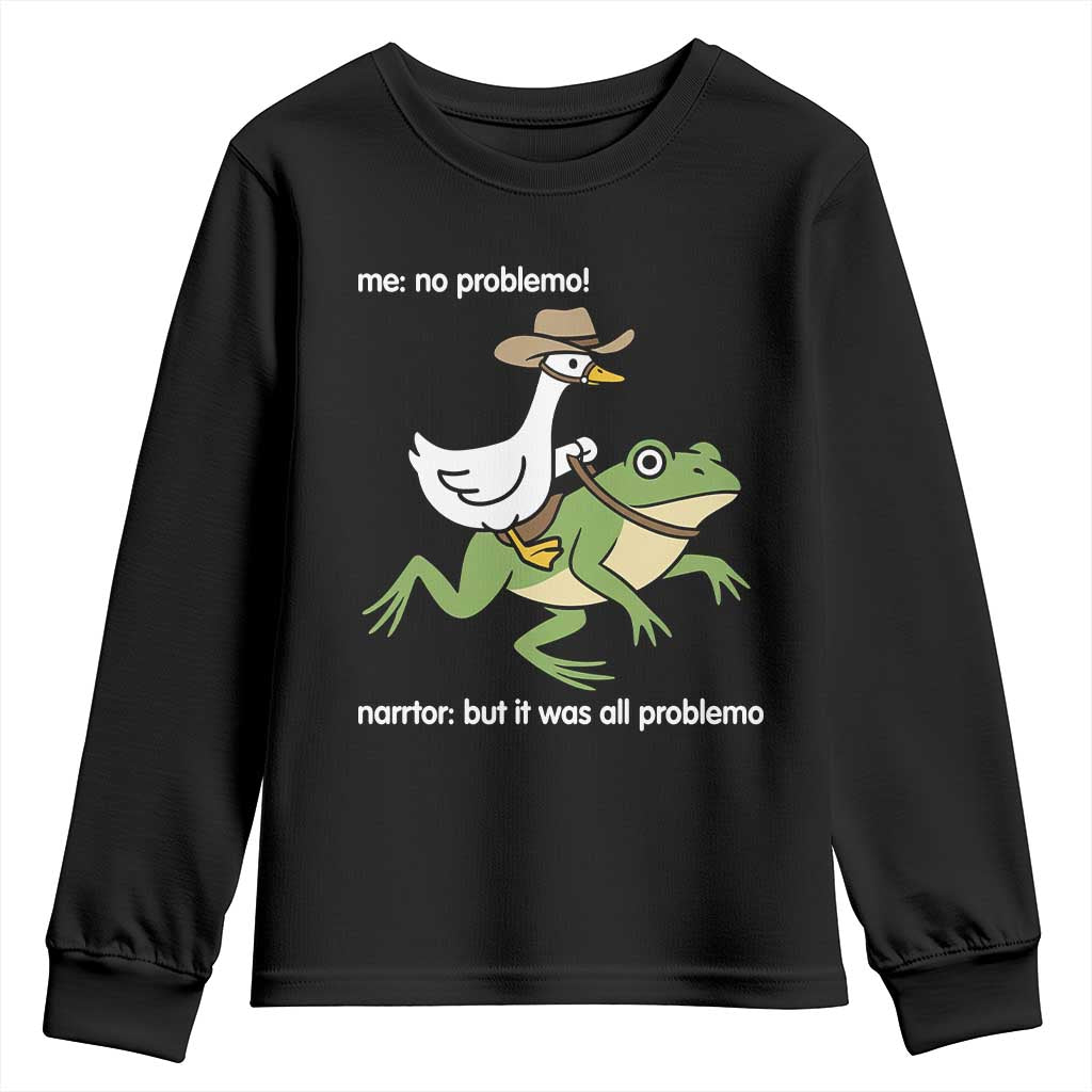 Cowboy Goose Meme Youth Sweatshirt Funny Frog Me No Problemo Narrator - Wonder Print Shop