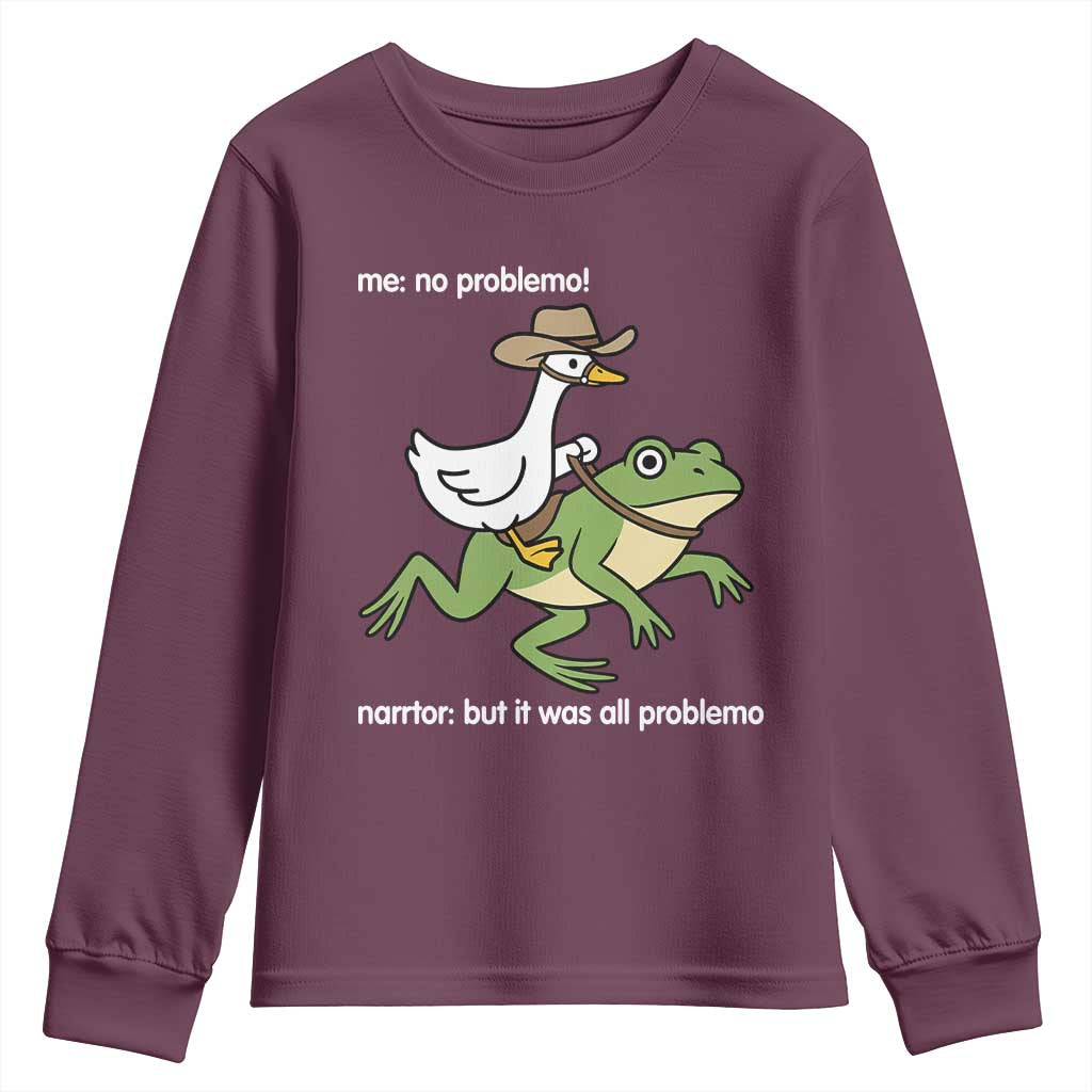 Cowboy Goose Meme Youth Sweatshirt Funny Frog Me No Problemo Narrator - Wonder Print Shop