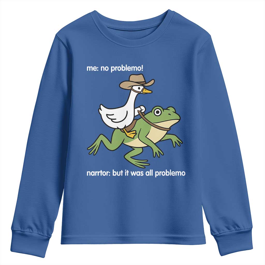 Cowboy Goose Meme Youth Sweatshirt Funny Frog Me No Problemo Narrator - Wonder Print Shop