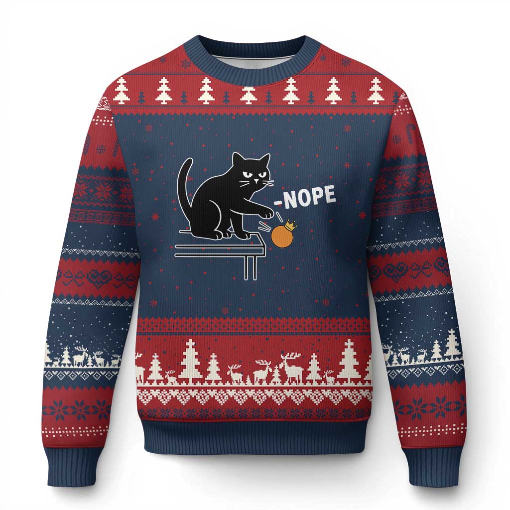 No Kings Protest Ugly Christmas Sweater Funny Cat Kicking Crown - Wonder Print Shop