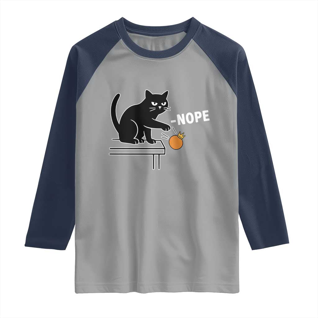 No Kings Protest Raglan Shirt Funny Cat Kicking Crown - Wonder Print Shop