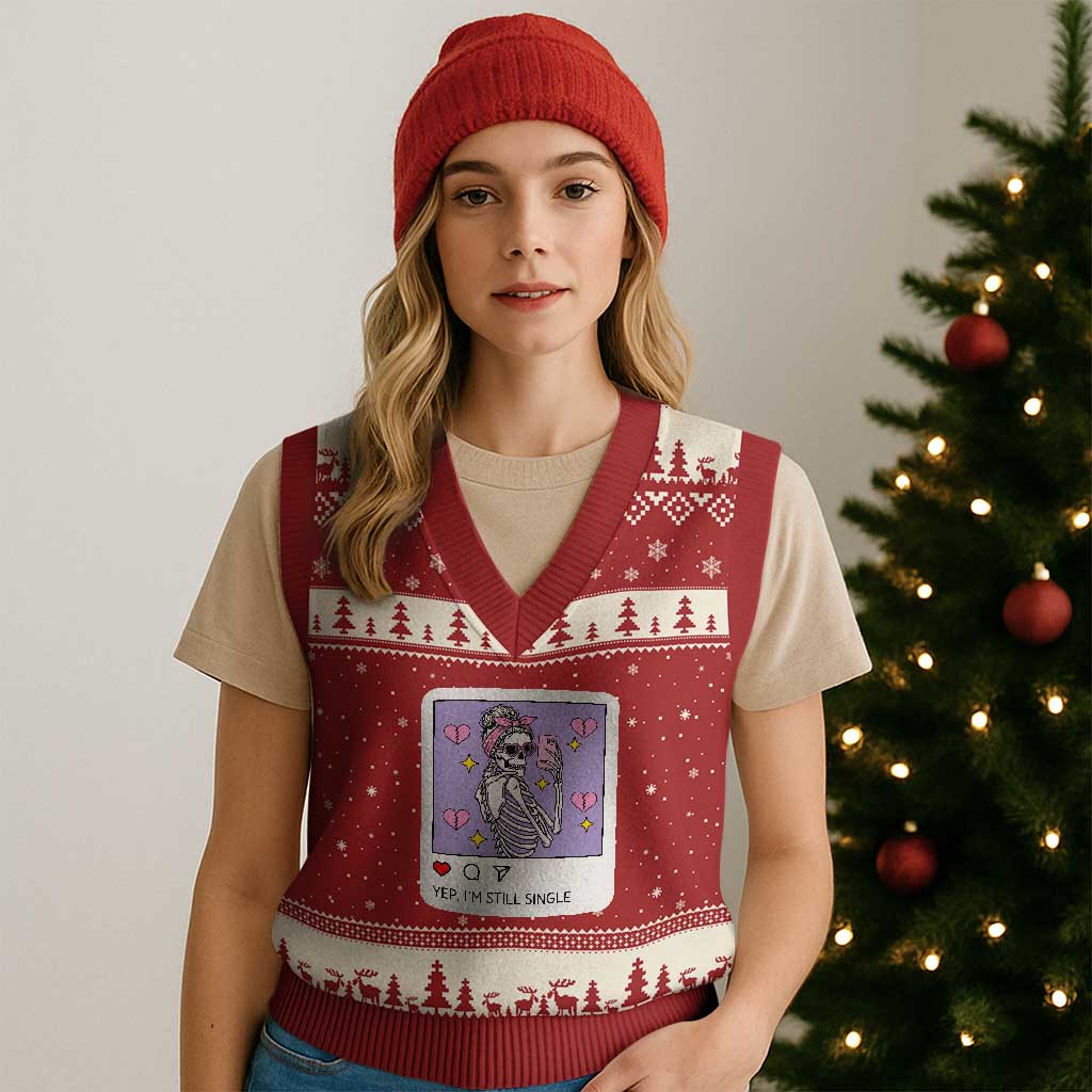 Anti Valentine V-Neck Knit Sweater Vest Funny Skeleton Selfie Meme - Wonder Print Shop