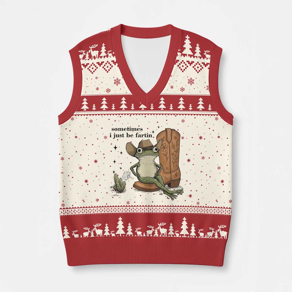 Funny Cowboy Frog V-Neck Knit Sweater Vest Sometimes I Just Be Fartin - Wonder Print Shop