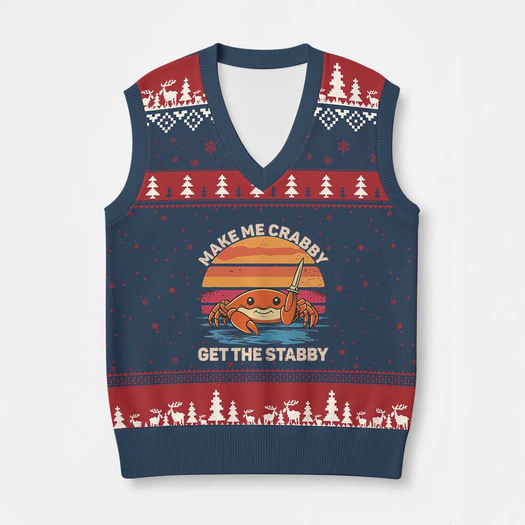 Funny Crab Meme Y2K V-Neck Knit Sweater Vest Make Me Crabby Get The Stabby - Wonder Print Shop