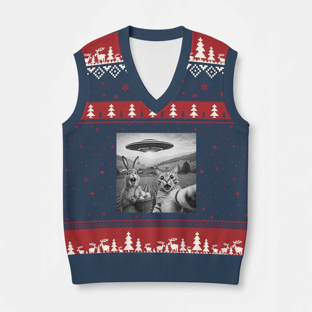 Funny Easter V-Neck Knit Sweater Vest Christian Cat Selfie Bunny Meme