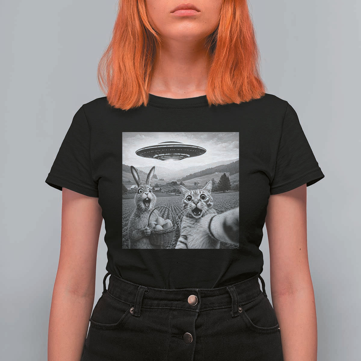 Funny Easter T Shirt For Women Christian Cat Selfie Bunny Meme