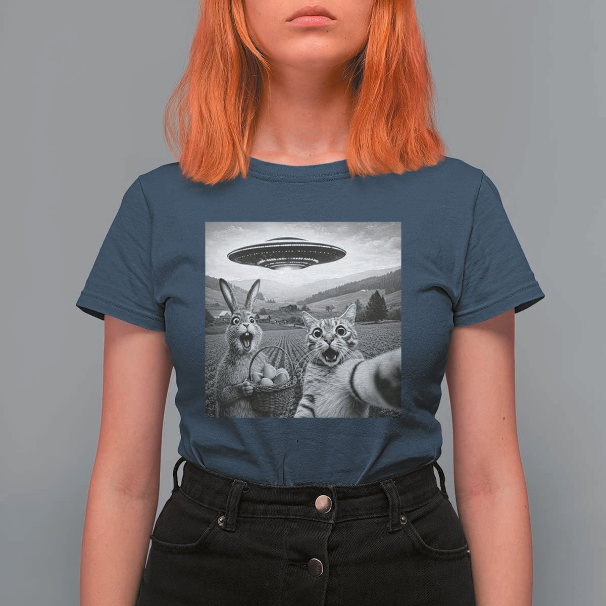 Funny Easter T Shirt For Women Christian Cat Selfie Bunny Meme