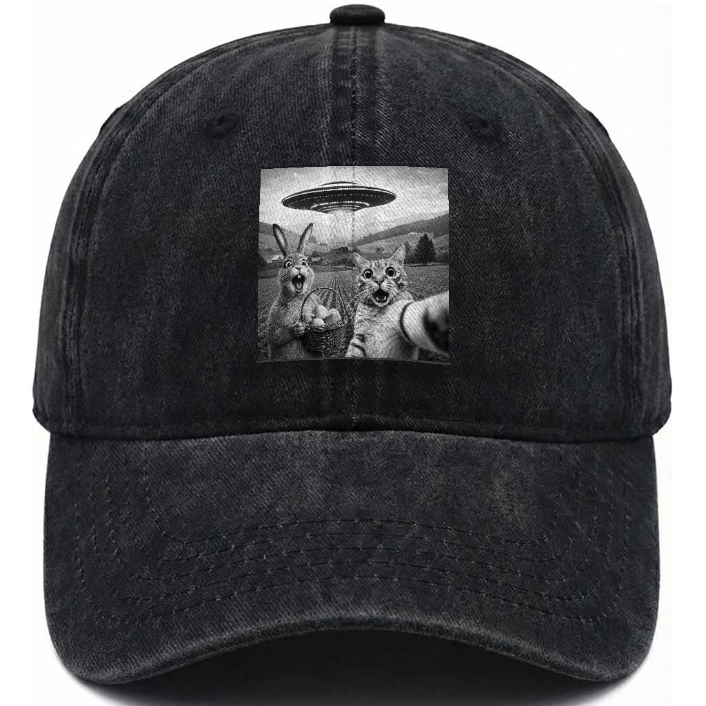Funny Easter Washed Cotton Baseball Cap Christian Cat Selfie Bunny Meme