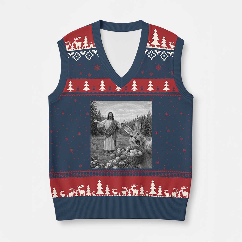 Funny Easter Jesus V-Neck Knit Sweater Vest Christian Jesus Bunny Selfie Religious