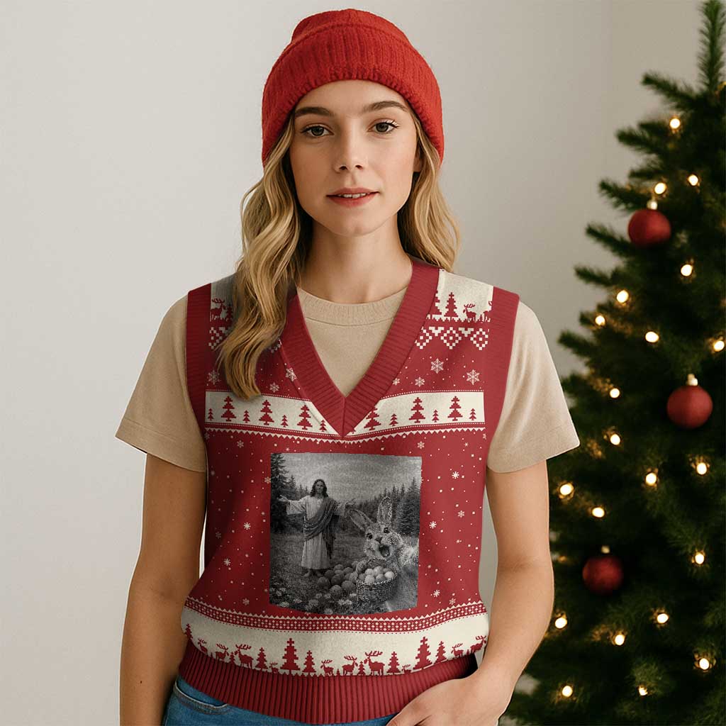 Funny Easter Jesus V-Neck Knit Sweater Vest Christian Jesus Bunny Selfie Religious