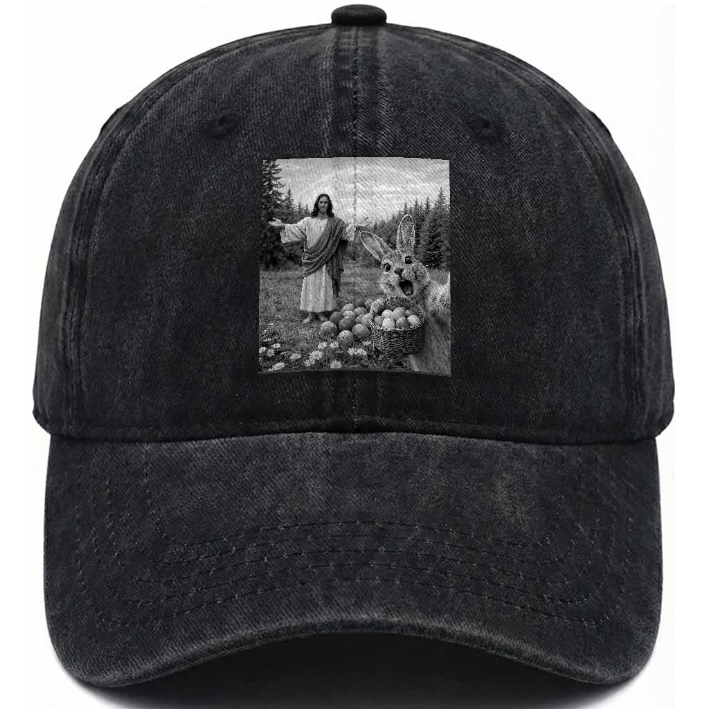 Funny Easter Jesus Washed Cotton Baseball Cap Christian Jesus Bunny Selfie Religious