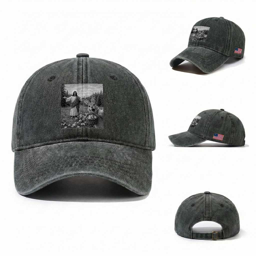 Funny Easter Jesus Washed Cotton Baseball Cap Christian Jesus Bunny Selfie Religious