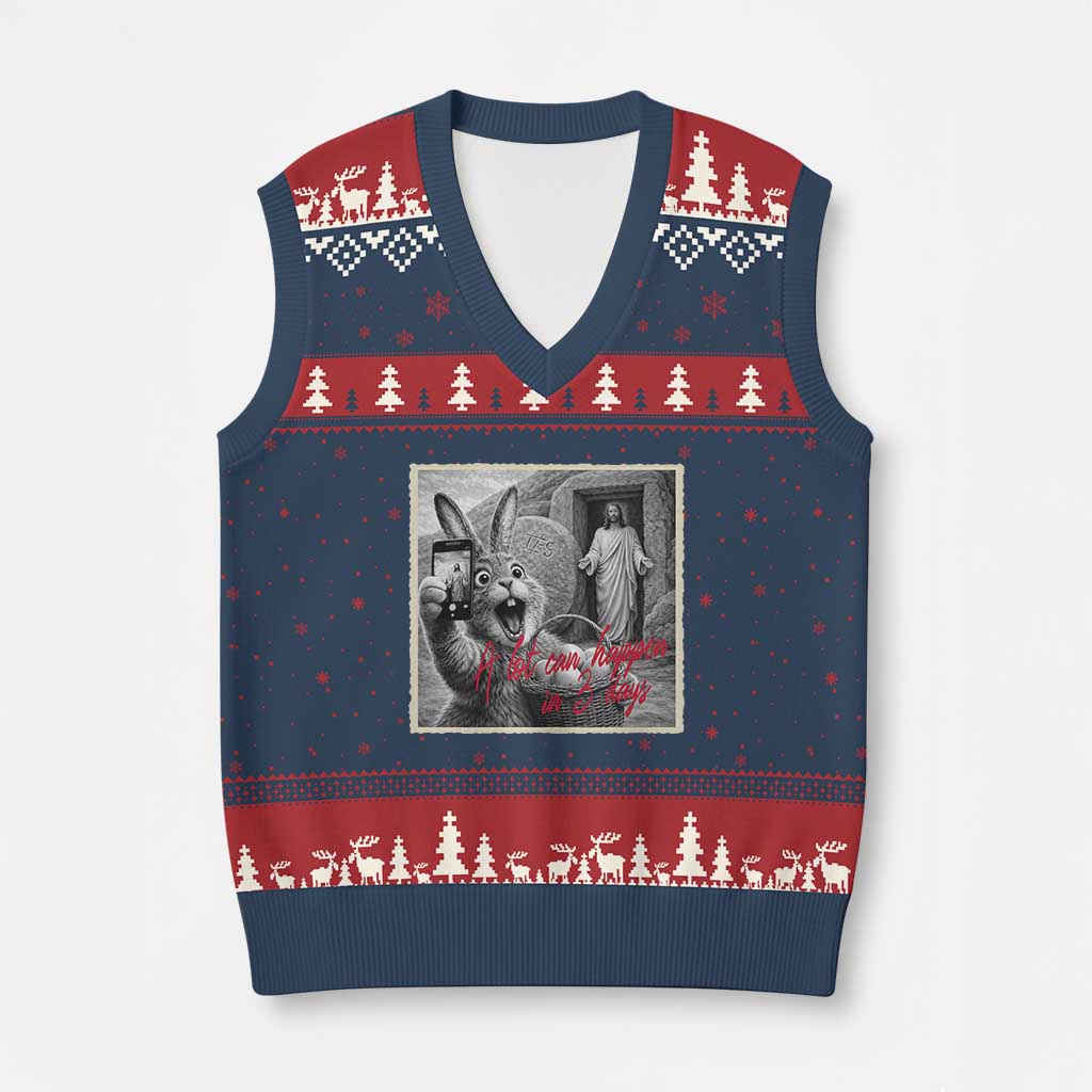 Funny Easter Jesus V-Neck Knit Sweater Vest Christian Jesus Come Back Bunny Selfie