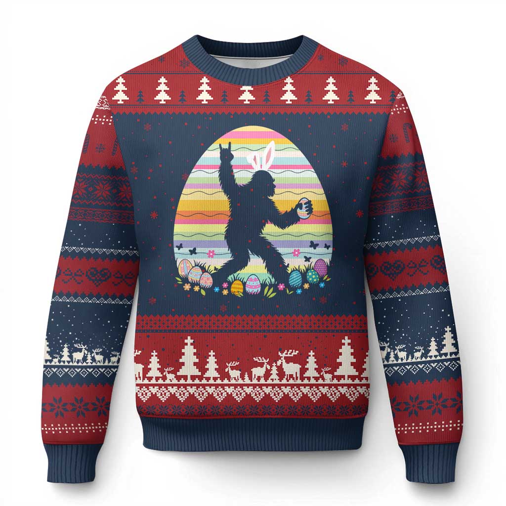 Funny Bigfot Easter Ugly Christmas Sweater Sasquatch Rock On Rabbit