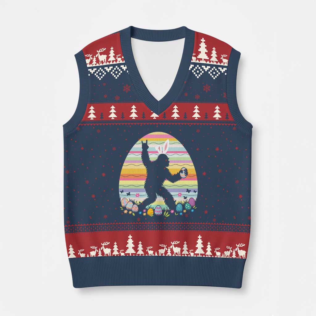 Funny Bigfot Easter V-Neck Knit Sweater Vest Sasquatch Rock On Rabbit