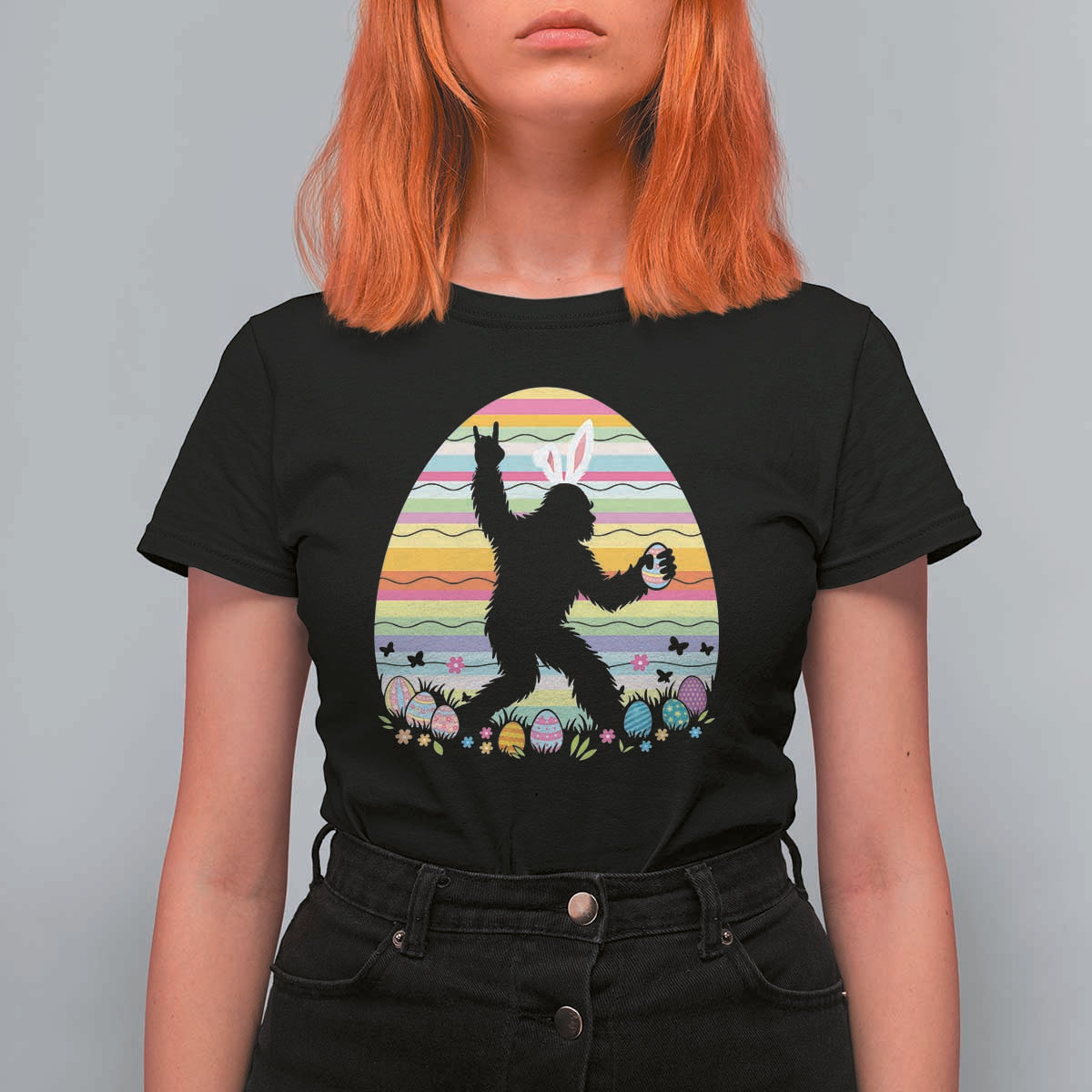 Funny Bigfot Easter T Shirt For Women Sasquatch Rock On Rabbit