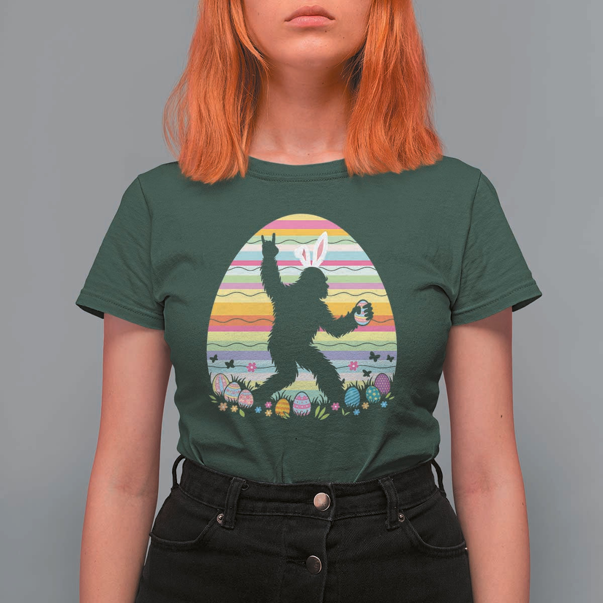 Funny Bigfot Easter T Shirt For Women Sasquatch Rock On Rabbit
