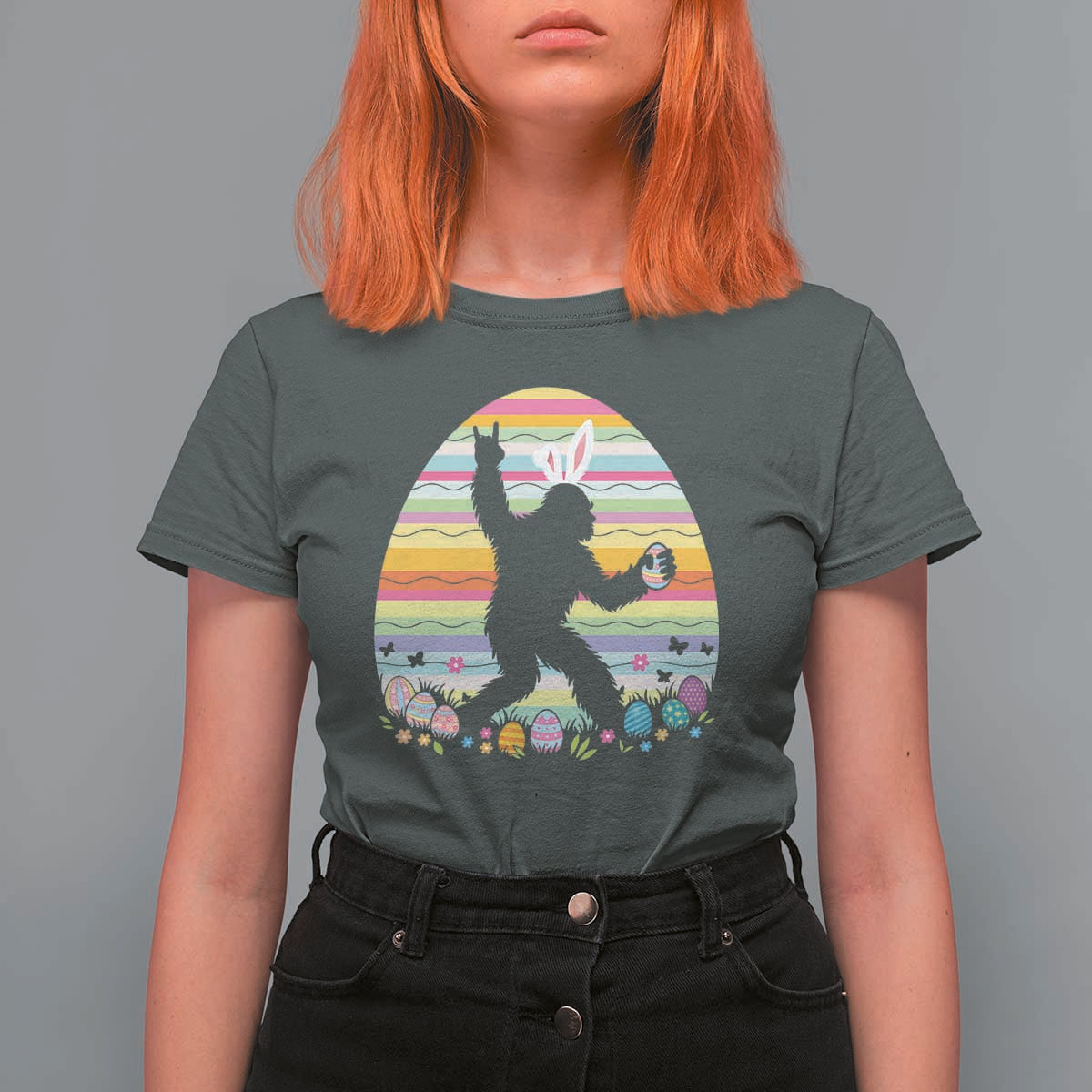 Funny Bigfot Easter T Shirt For Women Sasquatch Rock On Rabbit
