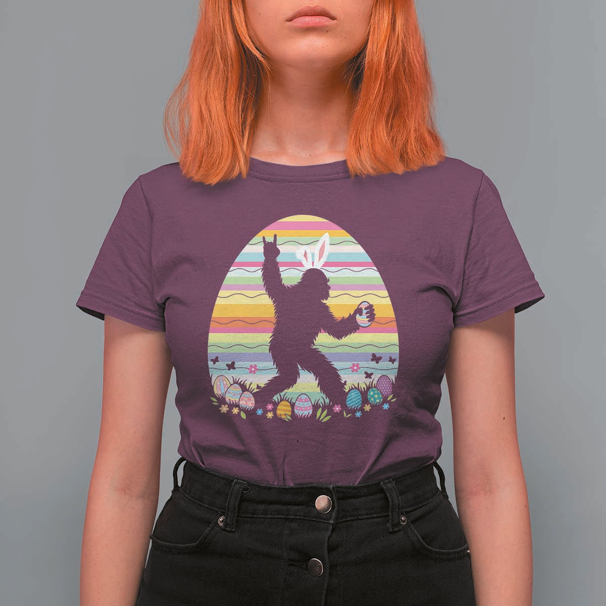 Funny Bigfot Easter T Shirt For Women Sasquatch Rock On Rabbit
