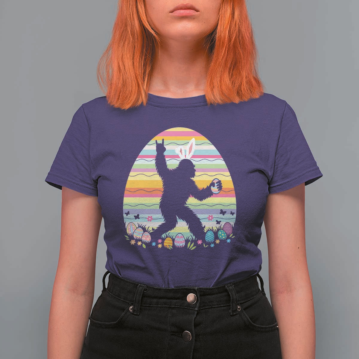 Funny Bigfot Easter T Shirt For Women Sasquatch Rock On Rabbit