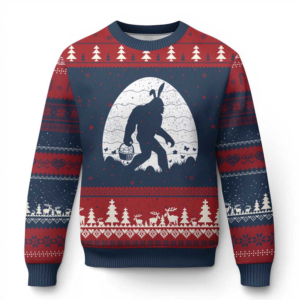 Funny Bigfot Easter Ugly Christmas Sweater Sasquatch Rabbit Night Stroll Moon Egg