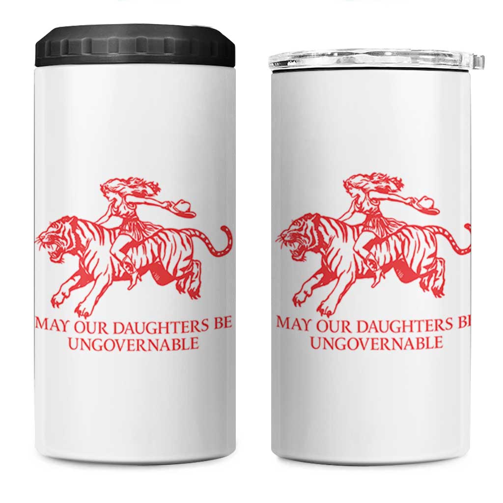 May Our Daughters Be Ungovernable 4 in 1 Can Cooler Tumbler Vintage Cowgirl Hell Cat Women Empowerment