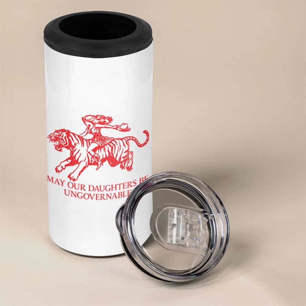 May Our Daughters Be Ungovernable 4 in 1 Can Cooler Tumbler Vintage Cowgirl Hell Cat Women Empowerment