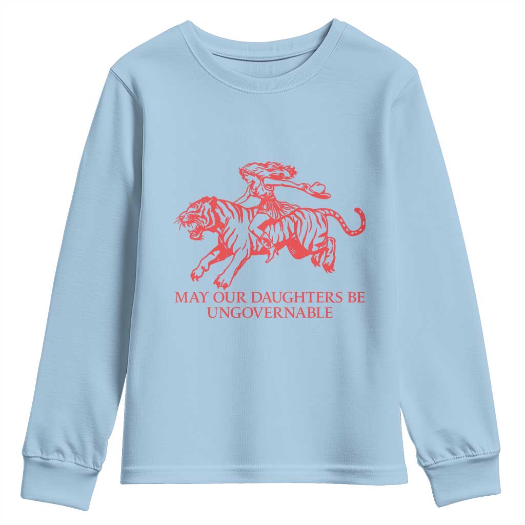 May Our Daughters Be Ungovernable Youth Sweatshirt Vintage Cowgirl Hell Cat Women Empowerment
