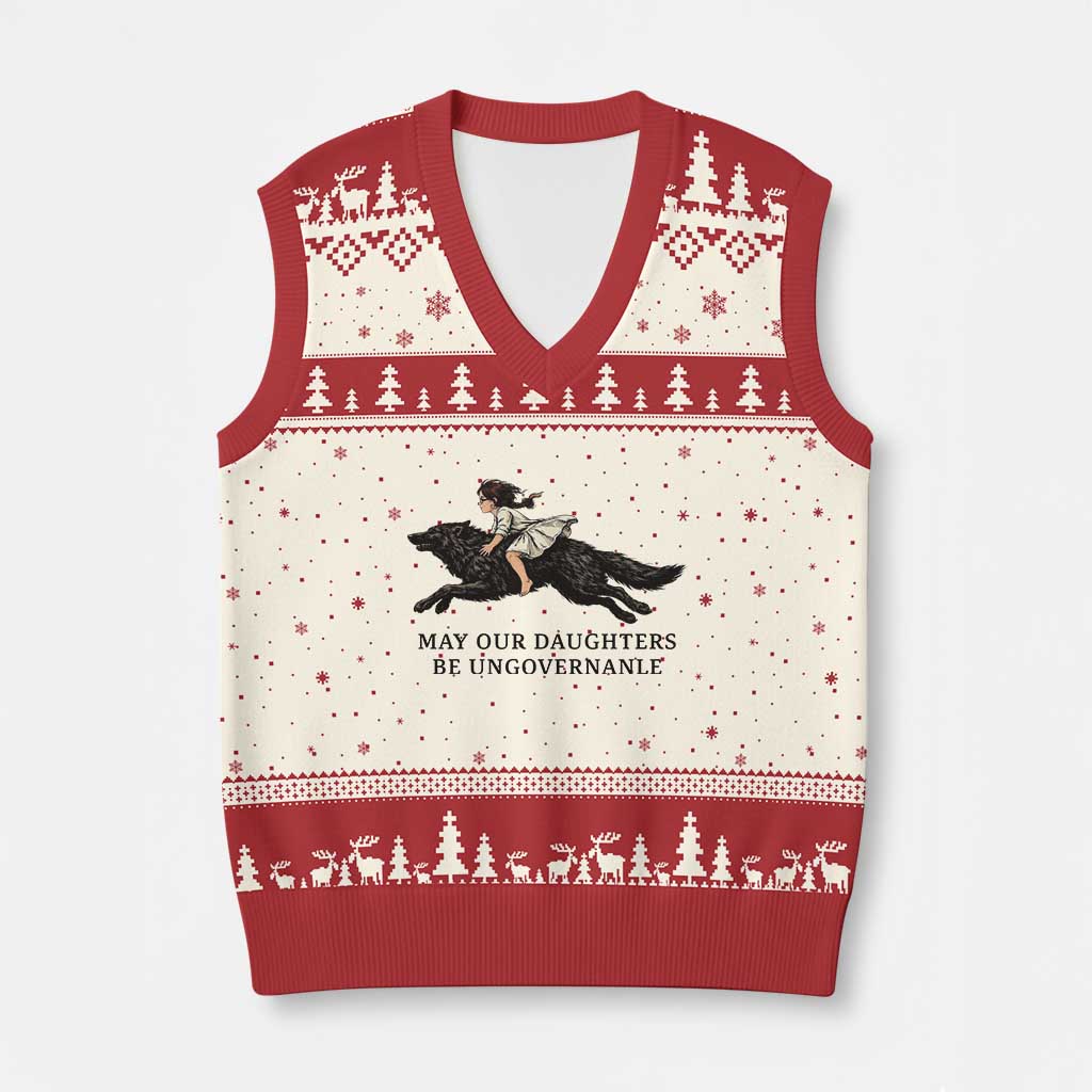 May Our Daughters Be Ungovernable V-Neck Knit Sweater Vest Girl Riding Wolf Activist Feminist Protest
