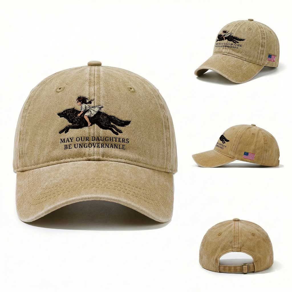 May Our Daughters Be Ungovernable Washed Cotton Baseball Cap Girl Riding Wolf Activist Feminist Protest