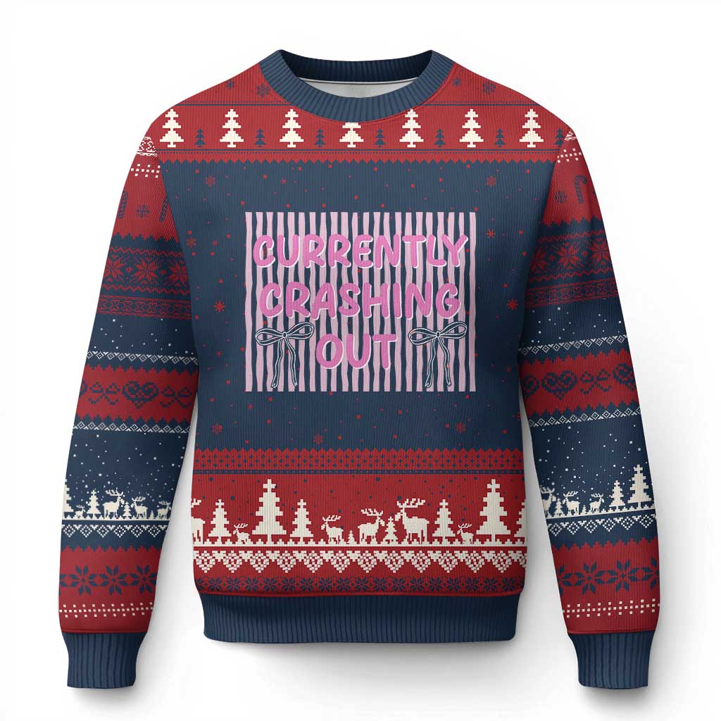 Currently Crashing Out Ugly Christmas Sweater Coquette Pink Bow Sarcastic Funny Quote
