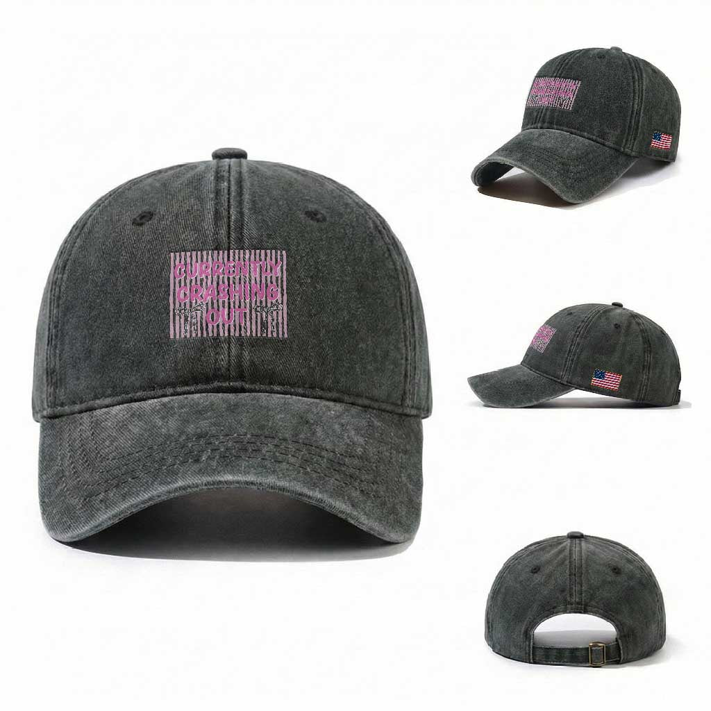 Currently Crashing Out Washed Cotton Baseball Cap Coquette Pink Bow Sarcastic Funny Quote
