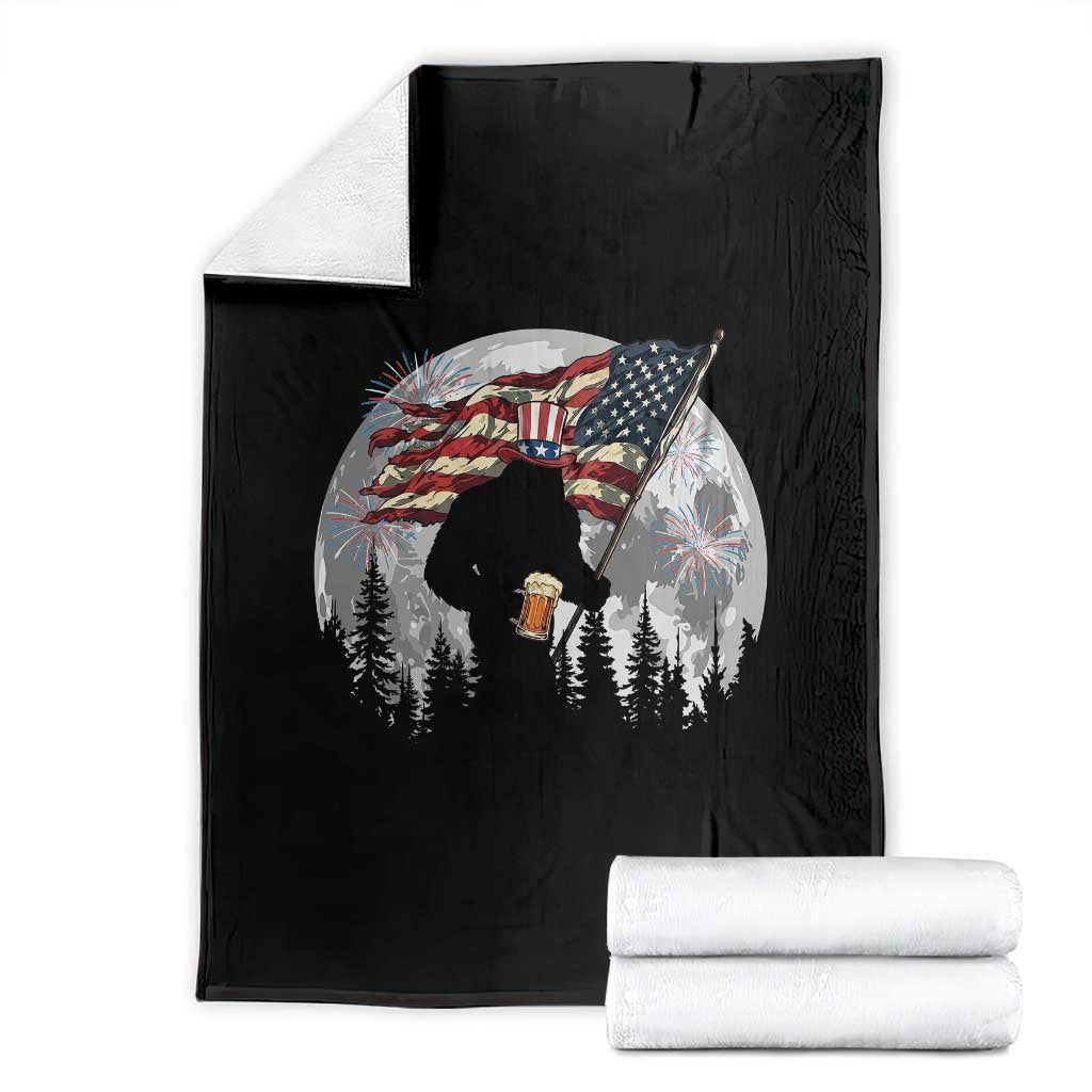 Bigfoot Drinking Beer 4th of July Throw Blanket Sasquatch Hiking Moon American Flag