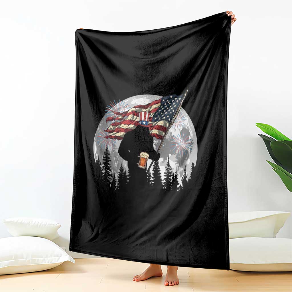 Bigfoot Drinking Beer 4th of July Throw Blanket Sasquatch Hiking Moon American Flag