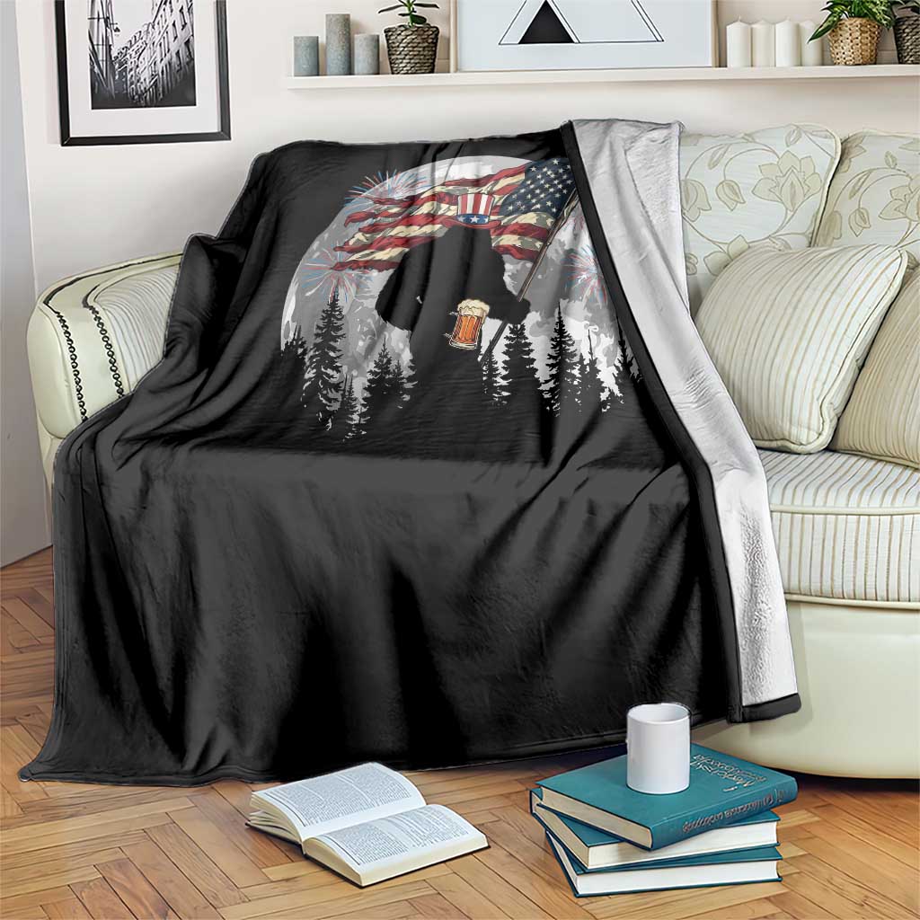 Bigfoot Drinking Beer 4th of July Throw Blanket Sasquatch Hiking Moon American Flag