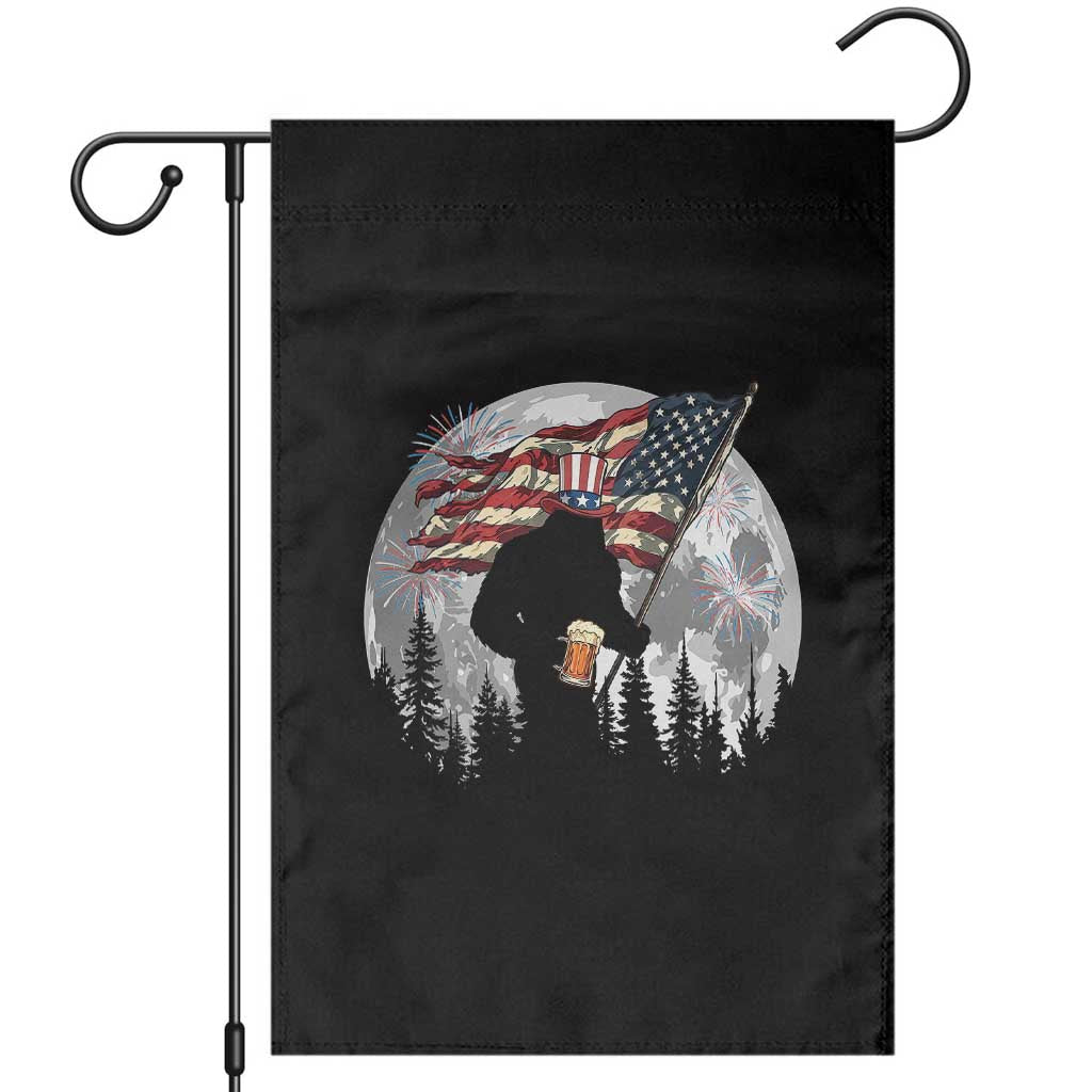Bigfoot Drinking Beer 4th of July Garden Flag Sasquatch Hiking Moon American Flag