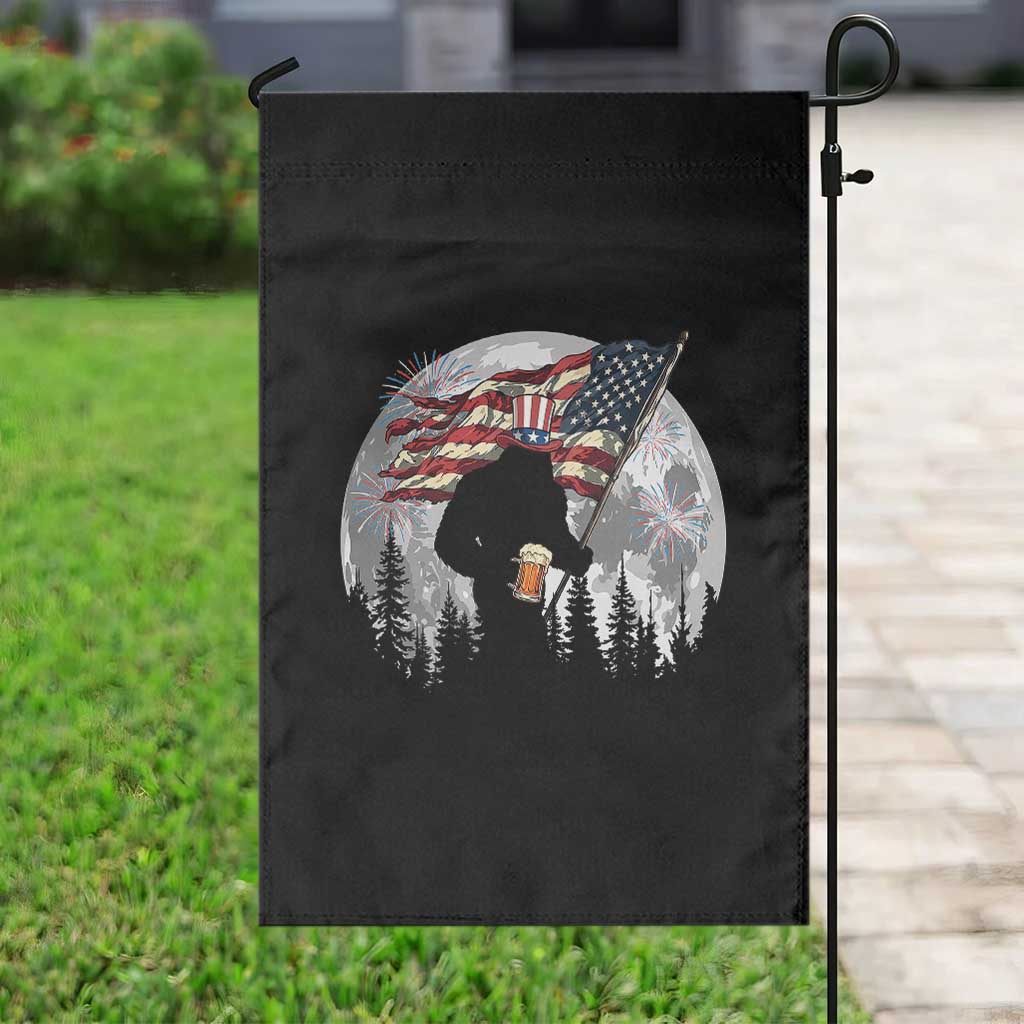Bigfoot Drinking Beer 4th of July Garden Flag Sasquatch Hiking Moon American Flag