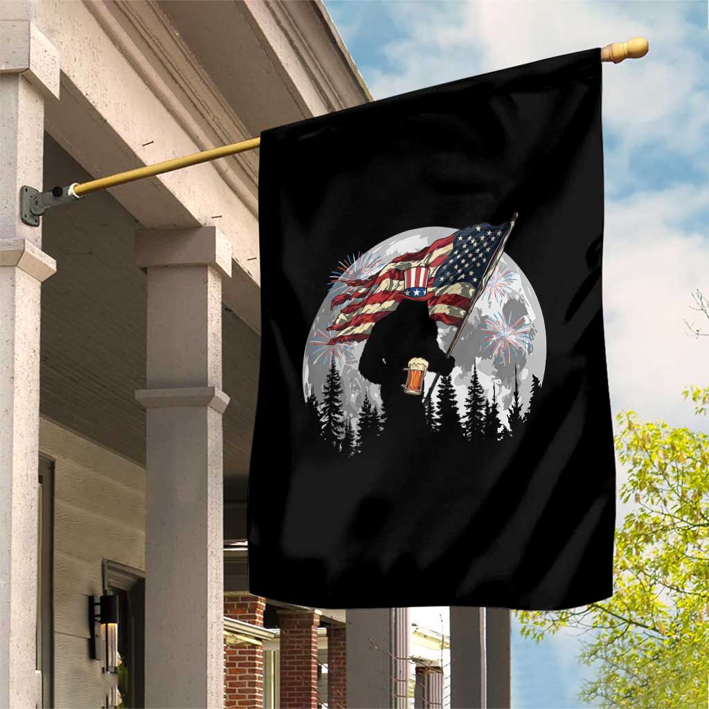 Bigfoot Drinking Beer 4th of July Garden Flag Sasquatch Hiking Moon American Flag