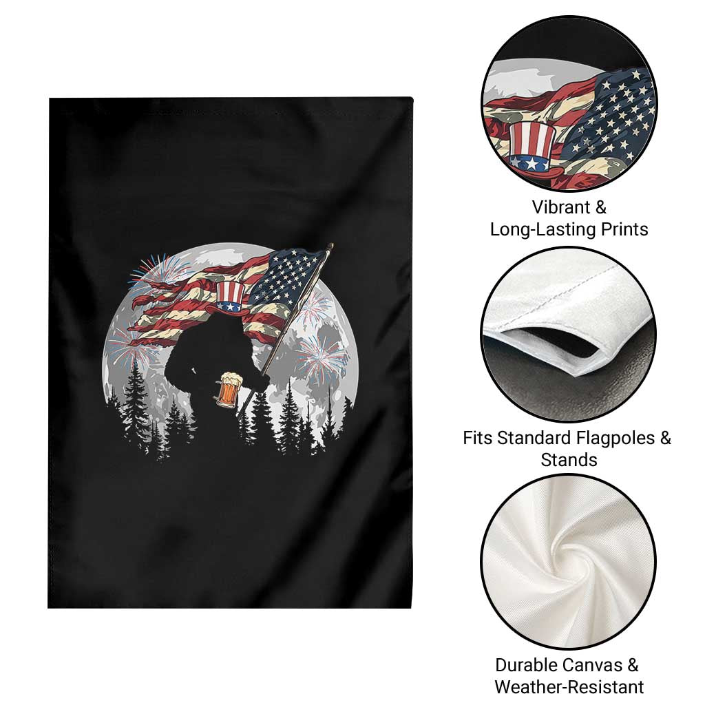 Bigfoot Drinking Beer 4th of July Garden Flag Sasquatch Hiking Moon American Flag
