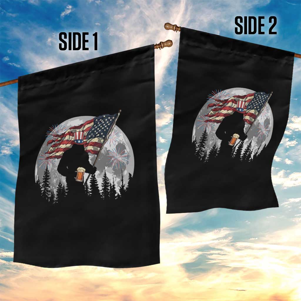 Bigfoot Drinking Beer 4th of July Garden Flag Sasquatch Hiking Moon American Flag
