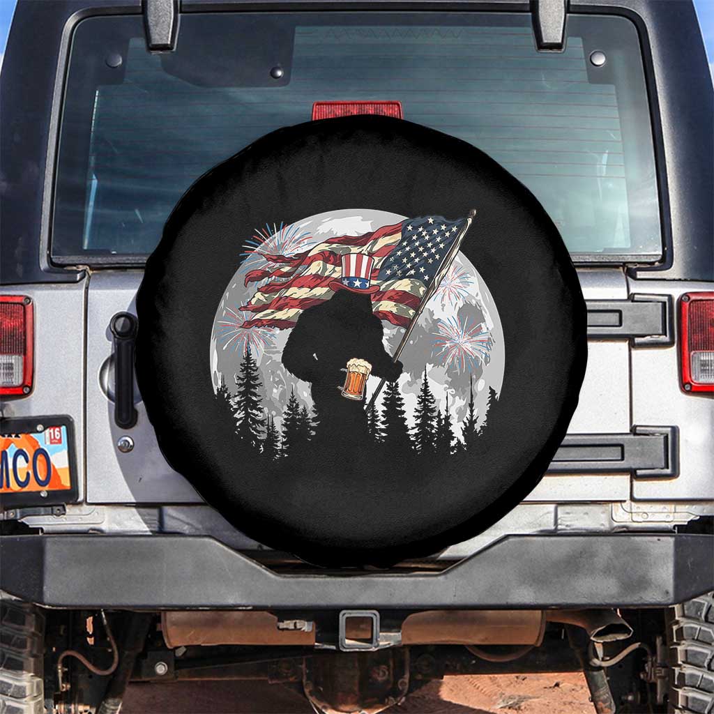 Bigfoot Drinking Beer 4th of July Spare Tire Cover Sasquatch Hiking Moon American Flag