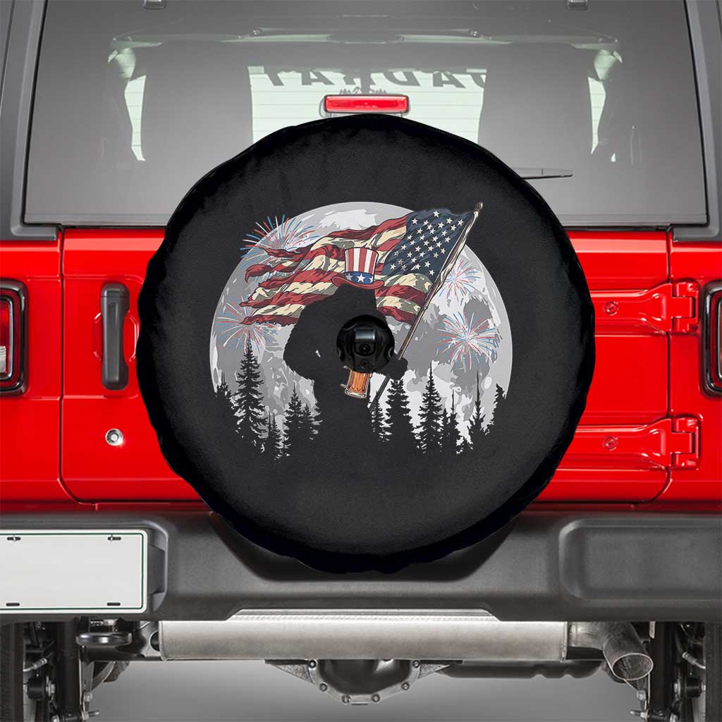 Bigfoot Drinking Beer 4th of July Spare Tire Cover Sasquatch Hiking Moon American Flag