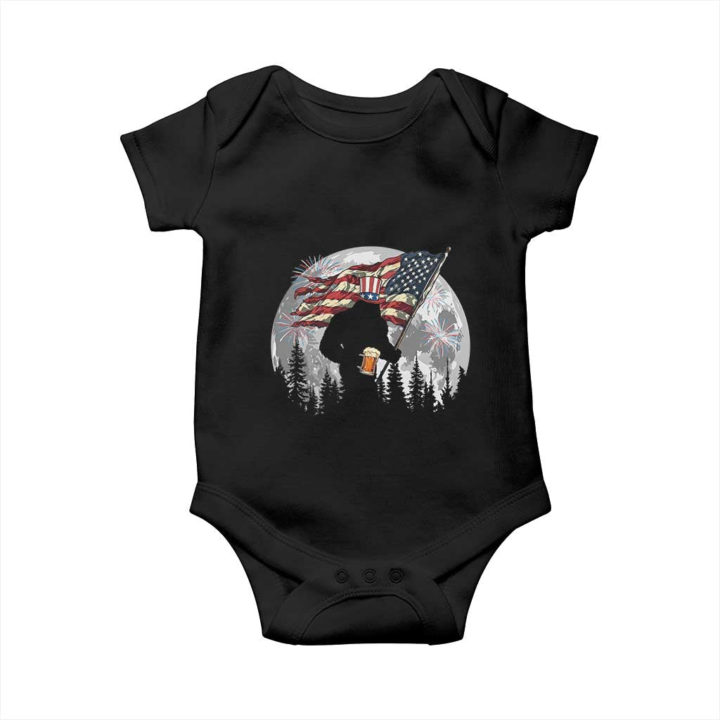 Bigfoot Drinking Beer 4th of July Baby Onesie Sasquatch Hiking Moon American Flag