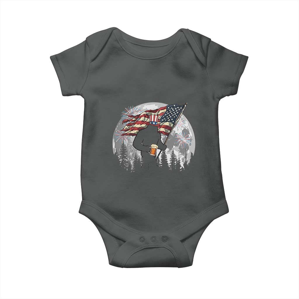 Bigfoot Drinking Beer 4th of July Baby Onesie Sasquatch Hiking Moon American Flag