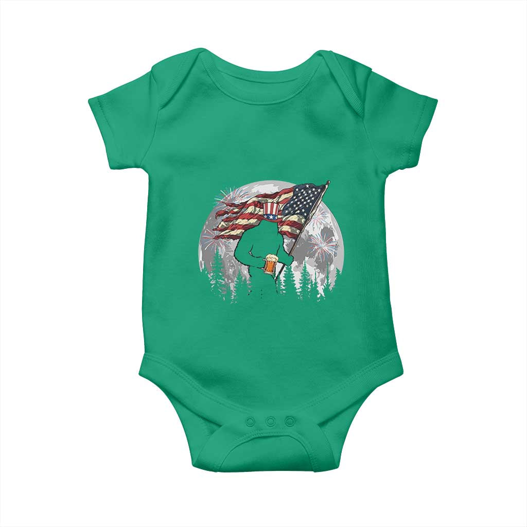 Bigfoot Drinking Beer 4th of July Baby Onesie Sasquatch Hiking Moon American Flag