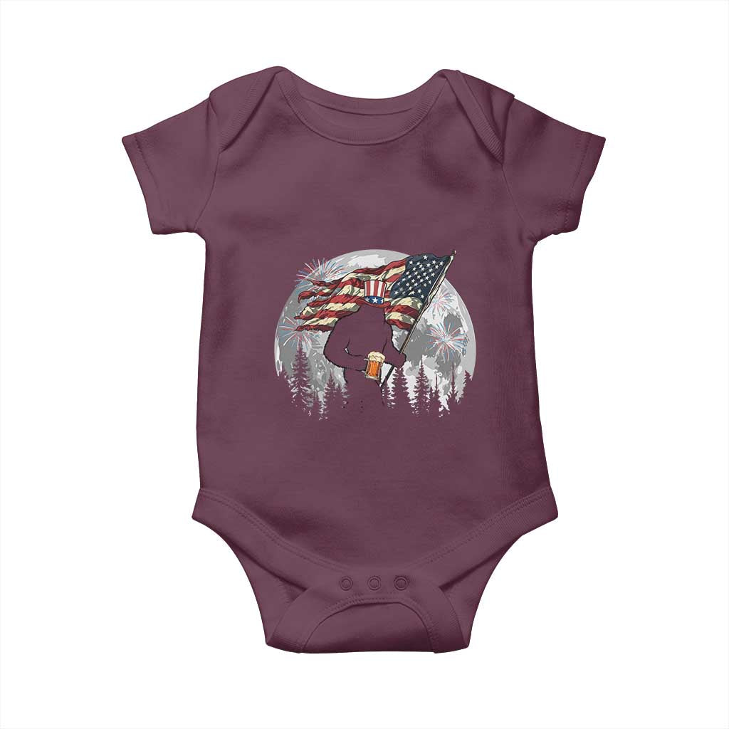 Bigfoot Drinking Beer 4th of July Baby Onesie Sasquatch Hiking Moon American Flag