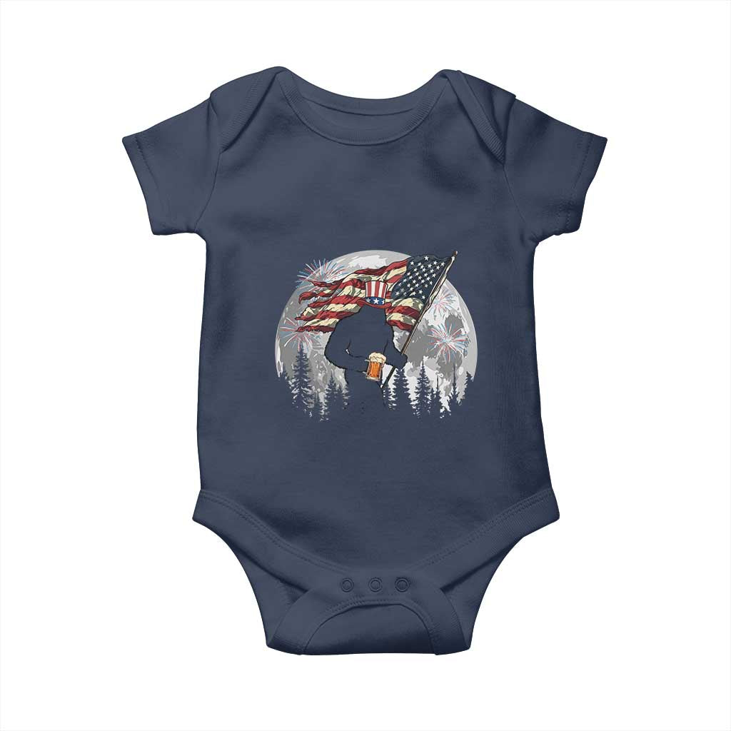 Bigfoot Drinking Beer 4th of July Baby Onesie Sasquatch Hiking Moon American Flag