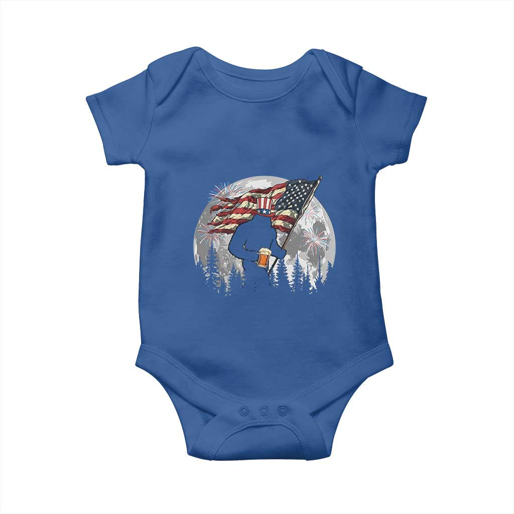 Bigfoot Drinking Beer 4th of July Baby Onesie Sasquatch Hiking Moon American Flag